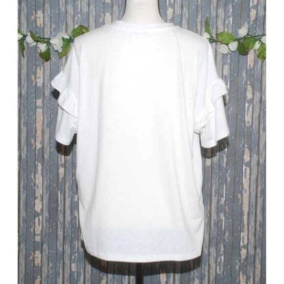Paper Crane White Boho Top T-Shirt Size L Embroidered Floral Roses Ruffle Sleeve - Picture 6 of 8